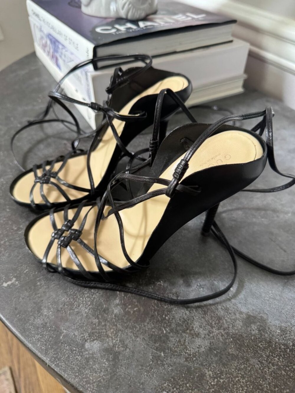 GUCCI Vintage Strappy Lace Up Knotted Tie Stiletto Heel Sandals Black 6.5